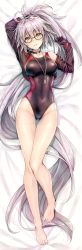 Rule 34 | 1girl, absurdly long hair, absurdres, barefoot, bed sheet, black choker, black gloves, black jacket, blue one-piece swimsuit, blush, breasts, choker, collar, collarbone, competition school swimsuit, cropped jacket, dakimakura (medium), fate/grand order, fate (series), full body, glasses, gloves, highres, jacket, jeanne d&#039;arc alter (swimsuit berserker) (fate), jeanne d&#039;arc (fate), jeanne d&#039;arc (swimsuit archer) (second ascension) (fate), jeanne d&#039;arc alter (fate), jeanne d&#039;arc alter (swimsuit berserker) (fate), koyuki (kotatsu358), long hair, long sleeves, looking at viewer, lying, medium breasts, on back, one-piece swimsuit, open clothes, open jacket, parted lips, scan, school swimsuit, silver hair, solo, swimsuit, toenails, toes, very long hair, whistle, whistle around neck, yellow eyes