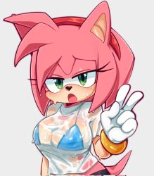 Rule 34 | 1girl, amy rose, animal ears, animal nose, bikini, bikini top only, blush, breasts, covered erect nipples, dress, furry, furry female, gloves, green eyes, hairband, highres, ichig8miruku, large breasts, open mouth, pink fur, pink hair, red hairband, see-through, shirt, short hair, smile, solo, sonic (series), swimsuit, undefined, wet, wet clothes, wet shirt, white gloves