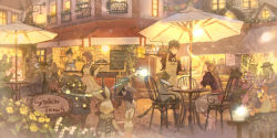 Rule 34 | 1boy, 4girls, :d, ^ ^, apron, bad id, bad pixiv id, bear, brown hair, rabbit, cafe, cat, chair, closed eyes, door, closed eyes, glass, holding, menu board, multiple girls, open mouth, original, pavement, pon (cielo), road, scenery, shop, short hair, sign, sitting, sketch, smile, street, table, tray, umbrella, window