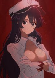 Rule 34 | 1girl, areola slip, bambietta basterbine, black eyes, black hair, bleach, bleach: sennen kessen-hen, breasts, closed mouth, collarbone, commentary request, crossed arms, gloves, hair between eyes, hat, highres, jacket, large breasts, lelie (lelie link), long hair, looking at viewer, military hat, military jacket, military uniform, partially unbuttoned, peaked cap, quincy (bleach), red background, solo, sternritter, uniform, upper body, wandenreich uniform, white gloves, white hat