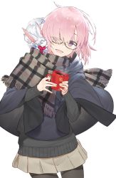 Rule 34 | black pantyhose, cloak, coffee mug, cup, fate/grand order, fate (series), fou (fate), glasses, hair over one eye, hayashi kewi, head tilt, looking at viewer, mash kyrielight, mash kyrielight (chaldea teatime), mug, official alternate costume, open mouth, pantyhose, pink hair, purple eyes, scarf, short hair, simple background, skirt, sweater, white background