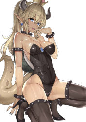 Rule 34 | 1girl, alternate costume, arm support, armlet, bare shoulders, black leotard, black thighhighs, blonde hair, blue eyes, borrowed design, bowsette, bracelet, breasts, collar, crown, finger to mouth, from side, full body, groin, hakaba (dairiseki), head tilt, high heels, highleg, highleg leotard, highres, horns, jewelry, kneeling, large breasts, leotard, looking at viewer, mario (series), messy hair, new super mario bros. u deluxe, nintendo, open mouth, ponytail, sharp teeth, shiny clothes, shiny skin, simple background, skindentation, solo, spiked bracelet, spiked collar, spikes, super crown, tail, teeth, thighhighs, thighs, wet, wet clothes