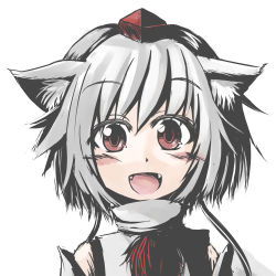 Rule 34 | 1girl, :d, animal ears, clses, detached sleeves, fangs, hat, highres, inubashiri momiji, open mouth, pom pom (clothes), red eyes, short hair, smile, tokin hat, touhou, white hair, wolf ears