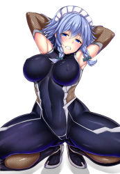 Rule 34 | 1girl, alternate costume, armpits, arms behind head, arms up, blue eyes, blue hair, blush, bodysuit, bow, braid, breasts, cameltoe, clenched teeth, covered erect nipples, covered navel, ebi 193, fishnets, gluteal fold, green bow, hair between eyes, hair bow, highres, izayoi sakuya, large breasts, looking at viewer, maid headdress, shadow, simple background, sleeveless, sleeveless bodysuit, solo, squatting, taimanin (series), taimanin suit, teeth, touhou, twin braids, white background