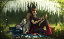Rule 34 | 2boys, black shirt, blonde hair, book, brown eyes, brown hair, closed eyes, falling petals, flower, highres, holding, holding knife, jam, kazuko (towa), knife, lloyd irving, looking at another, mithos yggdrasill, multiple boys, open mouth, petals, picnic, plant, red footwear, shirt, sleeping, sleeping on person, spring (season), suspenders, tales of (series), tales of symphonia, tree, white flower