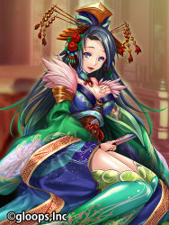 Rule 34 | 1girl, :d, blue eyes, breasts, character request, cleavage, daisenran!! sangokushi battle, english text, floral print, flower, folded fan, folding fan, green eyes, green thighhighs, hair flower, hair ornament, hair stick, hand fan, hand on own chest, hat, hetero, japanese clothes, large breasts, lips, long hair, looking at viewer, munaage, obi, open mouth, red flower, red ribbon, red rose, ribbon, rose, sash, sitting, smile, solo, tassel, thighhighs, tokin hat, yokozuwari
