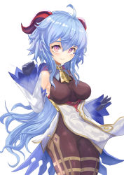 Rule 34 | 1girl, ahoge, bare shoulders, bell, black gloves, blue hair, blush, bodystocking, bodysuit, breasts, clothes lift, detached sleeves, ganyu (genshin impact), genshin impact, gloves, gold trim, groin, highres, horns, legs together, long hair, looking at viewer, medium breasts, mg42cat-k1ng, neck bell, parted lips, pelvic curtain, pelvic curtain lift, purple eyes, sidelocks, solo, standing, thighlet, thighs, white background, white sleeves