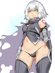 Rule 34 | 1girl, bandaged arm, bandages, black panties, black thighhighs, breasts, cameltoe, cape, cleavage, cleavage cutout, clothing cutout, fate/apocrypha, fate (series), from below, green eyes, highres, jack the ripper (fate/apocrypha), kumiko shiba, lowleg, lowleg panties, panties, scar, scar across eye, scar on face, short hair, shoulder tattoo, silver hair, small breasts, solo, tattoo, thighhighs, underwear