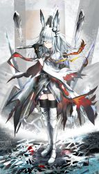 Rule 34 | 1girl, absurdres, animal ears, arknights, black gloves, black thighhighs, boots, commentary, depayama (depaty), frostnova (arknights), full body, gloves, grey eyes, grey skirt, hair between eyes, hair ornament, hairclip, hand up, highres, holding, holding knife, holding weapon, knife, long hair, miniskirt, rabbit ears, reverse grip, scar, scar on face, scar on nose, silver hair, skirt, solo, standing, thigh boots, thighhighs, weapon, white footwear, zettai ryouiki