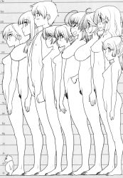 Rule 34 | 1boy, 2022, age difference, breast comparison, breasts, breasts, cat, character request, completely nude, glasses, hands on own hips, height, height chart, height comparison, height difference, height mark, highres, kazumi yoshiyuki, konoyo o hana ni suru tame ni, long hair, monochrome, multiple girls, nude, ponytail, pubic hair, short hair, side