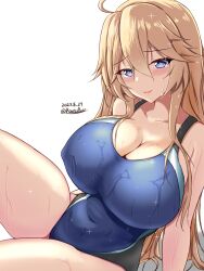 Rule 34 | 1girl, black one-piece swimsuit, blonde hair, blue eyes, blue one-piece swimsuit, blush, breasts, competition swimsuit, covered erect nipples, covered navel, dated, hair between eyes, highleg, highleg swimsuit, highres, impossible clothes, impossible swimsuit, iowa (kancolle), kantai collection, large breasts, long hair, looking at viewer, montemasa, multicolored clothes, multicolored swimsuit, one-piece swimsuit, simple background, sitting, smile, solo, star-shaped pupils, star (symbol), swimsuit, symbol-shaped pupils, twitter username, two-tone swimsuit, wet, wet clothes, wet swimsuit, white background