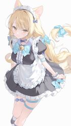 Rule 34 | 1girl, absurdres, animal ear fluff, animal ears, apron, bell, black dress, blonde hair, blue bow, bow, breasts, brown eyes, cat ears, cat girl, cat tail, closed mouth, commission, dress, frilled apron, frilled dress, frills, grey background, hair between eyes, hair bow, highres, jingle bell, juju (jelly fever), long hair, low twintails, maid, medium breasts, neck bell, original, pixiv commission, pleated dress, puffy short sleeves, puffy sleeves, short sleeves, simple background, smile, solo, tail, tail bow, tail ornament, twintails, very long hair, white apron