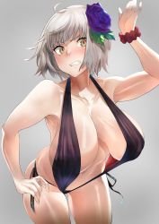 Rule 34 | 1girl, absurdres, arm up, armpits, bare shoulders, black one-piece swimsuit, black slingshot swimsuit, blue flower, blue rose, blush, breasts, cleavage, clenched teeth, collarbone, commentary, fate/grand order, fate (series), flower, grey background, hair flower, hair ornament, hand on own hip, hand up, highres, hip focus, hotate-chan, huge breasts, jeanne d&#039;arc (fate), jeanne d&#039;arc alter (avenger) (fate), jeanne d&#039;arc alter (fate), leaning forward, looking to the side, navel, one-piece swimsuit, purple one-piece swimsuit, purple slingshot swimsuit, rose, scrunchie, shiny skin, short hair, side-tie swimsuit, silver hair, simple background, slingshot swimsuit, solo, standing, swimsuit, teeth, thighs, wrist scrunchie, yellow eyes
