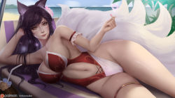 Rule 34 | 1girl, ahri (league of legends), animal ear fluff, animal ears, black hair, breasts, cameltoe, eyebrows hidden by hair, fox ears, fox girl, fox tail, garter belt, hand on own head, kitsune, large breasts, league of legends, looking at viewer, one-piece swimsuit, smile, swept bangs, swimsuit, tail, thighs, turewindwalker, yellow eyes