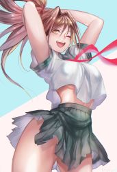 Rule 34 | 00s, 1girl, adjusting hair, arms behind head, arms up, bare arms, breasts, brown eyes, brown hair, commentary, cropped legs, eyebrows, green skirt, hair intakes, hair ornament, hair tie, highres, holding, holding own hair, ichigo 100 percent, kitaooji satsuki, large breasts, long hair, navel, neckerchief, nose, one eye closed, open mouth, ponytail, red neckerchief, red sailor collar, sailor collar, school uniform, shirt, short sleeves, skirt, solo, standing, teeth, thighs, two-tone background, underboob, upper teeth only, upshirt, white shirt, yamagishi chihiro
