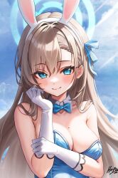 Rule 34 | 1girl, animal ears, artist name, asuna (blue archive), asuna (bunny) (blue archive), asymmetrical bangs, asymmetrical hair, bare shoulders, blue archive, blue bow, blue bowtie, blue eyes, blue leotard, blue ribbon, blue sky, blush, bow, bowtie, breasts, cleavage, closed mouth, cloud, cloudy sky, collar, collarbone, commentary, day, detached collar, eyelashes, fake animal ears, gloves, hair between eyes, hair ribbon, halo, hand up, hapu (nfdt7773), highres, leotard, light brown hair, long hair, looking at viewer, medium breasts, mole, mole on breast, official alternate costume, playboy bunny, rabbit ears, ribbon, signature, sky, smile, solo, straight hair, sunlight, upper body, very long hair, white collar, white gloves