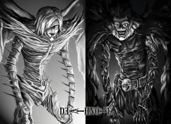 Rule 34 | 1boy, 1girl, belt, claws, copyright name, death note, earrings, gradient background, greyscale, grin, highres, hunched over, jewelry, mike711514, monochrome, one eye covered, rem (death note), ryuk, ryuk (death note), sharp teeth, shinigami, smile, spikes, su jiayi, teeth