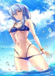 Rule 34 | 1girl, bikini, bikini pull, blue eyes, blue hair, blue sky, bracelet, breasts, clothes pull, cloud, commentary request, cowboy shot, day, duplicate, gotland (kancolle), highleg, highleg bikini, highleg swimsuit, jewelry, kantai collection, layered bikini, light rays, long hair, looking at viewer, medium breasts, mole, mole under eye, outdoors, ponytail, pulling own clothes, ryu-akt, sky, soaking feet, solo, standing, sunbeam, sunlight, swimsuit, wading, water