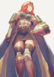 Rule 34 | 1girl, aduti momoyama, armor, bare shoulders, black gloves, black skirt, black thighhighs, boobplate, book, breastplate, celica (fire emblem), closed mouth, elbow gloves, fingerless gloves, fire emblem, fire emblem echoes: shadows of valentia, fire emblem heroes, from below, frown, gloves, greaves, hairband, hand on own hip, highres, holding, holding book, long hair, miniskirt, nintendo, overskirt, red eyes, red hair, simple background, single horizontal stripe, skirt, solo, standing, thighhighs, white background, zettai ryouiki