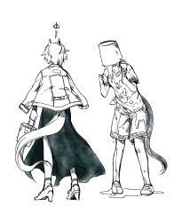 Rule 34 | 2girls, animal ears, bucket, bucket on head, clenched hands, dress, greyscale, hat launch, high heels, highres, holding, holding bucket, holding paintbrush, horse ears, horse girl, horse tail, jacket, jacket on shoulders, mame nabe donko, meisho doto (umamusume), monochrome, multiple girls, object on head, paint, paint on clothes, paintbrush, shirt, shoes, short hair, short sleeves, shorts, speed lines, standing, t.m. opera o (umamusume), tail, tied shirt, traditional media, umamusume