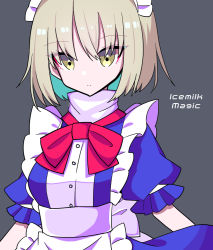 Rule 34 | 1girl, apron, back bow, blonde hair, blue dress, bow, bowtie, breasts, closed mouth, commentary request, dress, frills, grey background, kumeri0804, looking at viewer, maid, maid headdress, mugetsu (touhou), puffy short sleeves, puffy sleeves, red bow, red bowtie, short hair, short sleeves, simple background, small breasts, solo, touhou, touhou (pc-98), upper body, waist apron, white apron, white bow, yellow eyes