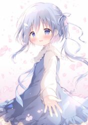 Rule 34 | 1girl, blue dress, blue eyes, blue hair, blue ribbon, blush, brown background, commentary request, dress, frilled dress, frills, from side, gradient background, hair ribbon, highres, long hair, long sleeves, looking at viewer, looking to the side, one side up, open mouth, original, petals, puffy long sleeves, puffy sleeves, ribbon, shiratama (shiratamaco), shirt, sidelocks, sleeveless, sleeveless dress, sleeves past wrists, solo, very long hair, white background, white shirt, wing hair ornament