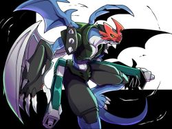 Rule 34 | armor, bandai, digimon, dragon, full armor, horns, male focus, monster, muscular, no humans, paildramon, red eyes, solo, tail, weapon, wings
