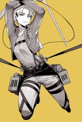 Rule 34 | 1girl, chest harness, cropped jacket, dual wielding, fighting stance, harness, highres, holding, holding sword, holding weapon, jacket, light smile, looking at viewer, nanaba, open clothes, open jacket, pants, paradis military uniform, parted lips, ratatatat74, rope, shingeki no kyojin, shirt, shoes, short hair, simple background, solo, sword, three-dimensional maneuver gear, weapon, yellow background