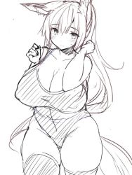 Rule 34 | 1girl, animal ears, breasts, cleavage, covered erect nipples, curvy, female focus, huge breasts, long hair, looking at viewer, monochrome, one-piece swimsuit, original, sketch, swimsuit, tsukumiya amane, white background