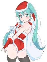 Rule 34 | 1girl, aqua eyes, aqua hair, ass, black thighhighs, breasts, commentary, cowboy shot, fingerless gloves, from behind, furuyama itaru, gloves, hat, hatsune miku, highres, huge ass, long hair, looking at viewer, nail polish, number tattoo, red gloves, sack, santa costume, santa hat, shoulder tattoo, simple background, small breasts, solo, tattoo, thick thighs, thighhighs, thighs, twintails, very long hair, vocaloid, white background, wide hips