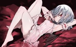 Rule 34 | 1girl, armpits, bare legs, bat wings, breasts, covered erect nipples, fangs, full body, hand up, light purple hair, looking at viewer, lying, on back, pointy ears, red eyes, remilia scarlet, short hair, sketch, skin fangs, slit pupils, small breasts, solo, touhou, tousen, wings, wrist cuffs