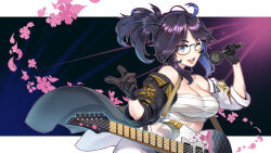 Rule 34 | 1girl, ;d, agustinus, ahoge, bandages, bandeau, bare shoulders, black gloves, blue eyes, blue hair, breasts, chest sarashi, cleavage, commentary, electric guitar, glasses, gloves, guitar, hand up, highres, holding, holding microphone, indie virtual youtuber, instrument, jacket, kson, large breasts, long hair, looking at viewer, microphone, midriff, mole, mole under eye, multicolored hair, off shoulder, one eye closed, open clothes, open jacket, open mouth, pants, ponytail, purple hair, sarashi, short sleeves, smile, solo, strapless, tube top, virtual youtuber, white pants