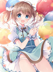 Rule 34 | 1girl, :d, balloon, black bow, blue dress, blue eyes, bow, brown hair, collared shirt, commentary request, confetti, dress, hair between eyes, holding, holding balloon, long hair, looking at viewer, open mouth, original, panties, puffy short sleeves, puffy sleeves, shirt, short sleeves, sleeveless, sleeveless dress, smile, solo, striped clothes, striped panties, suimya, twintails, underwear, vertical-striped clothes, vertical-striped panties, white background, white panties, white shirt