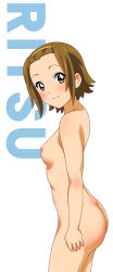 Rule 34 | 1girl, ass, blush, breasts, brown eyes, brown hair, character name, female focus, hairband, highres, k-on!, looking back, nipples, nude, rm (rm32), short hair, simple background, smile, solo, tainaka ritsu, white background