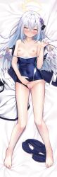 Rule 34 | 1girl, absurdres, azusa (blue archive), barefoot, bed sheet, blue archive, blue one-piece swimsuit, blue shorts, blush, breasts, cleft of venus, closed mouth, clothes pull, clothing aside, covered navel, crossed bangs, dakimakura (medium), gluteal fold, hair between eyes, halo, highres, jacket, unworn jacket, lying, nipples, on back, on bed, one-piece swimsuit, one-piece swimsuit pull, purple eyes, pussy, sheet grab, shimo (shimo332215), shorts, unworn shorts, small breasts, solo, swimsuit, swimsuit aside, white hair, wings