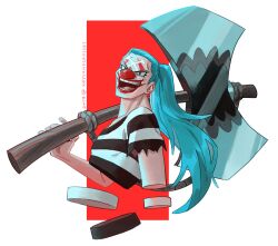 Rule 34 | 1boy, axe, battle axe, blue hair, buggy the clown, devil fruit power, evil smile, facepaint, from side, head tilt, highres, keysandcrosses, long hair, looking at viewer, makeup, male focus, official alternate costume, official alternate hairstyle, one piece, over shoulder, pirate, ponytail, prison clothes, red nose, smile, solo, weapon, weapon over shoulder