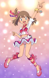 Rule 34 | 1girl, :d, absurdres, arm up, blue eyes, bow, bow panties, bracelet, brown hair, buttons, clenched hand, commentary request, creatures (company), cropped shirt, crotch seam, earrings, eyelashes, full body, game freak, highres, jewelry, knees, looking at viewer, may (pokemon), miraa (chikurin), nintendo, open mouth, overskirt, panties, pink footwear, pokemon, pokemon oras, shirt, shoes, skirt, smile, solo, striped clothes, striped panties, tongue, underwear, white shirt, white skirt