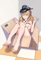 Rule 34 | 1girl, absurdres, anchor hair ornament, aqua eyes, bandaid, bandaids on nipples, bdsm, blonde hair, bondage, bound, box, breast bondage, breasts, cardboard box, corner, double v, foot focus, foreshortening, hair ornament, hat, highres, in box, in container, kantai collection, large breasts, long hair, low twintails, nail polish, pasties, peaked cap, prinz eugen (kancolle), red nails, red rope, rope, shibari, sitting, solo, twintails, v, xiaoxi0619