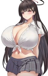 Rule 34 | 1girl, alternate breast size, alternate costume, black hair, black skirt, blue archive, blush, breasts, cleavage, closed mouth, collared shirt, cowboy shot, front-tie top, hair ornament, hairclip, halo, highres, huge breasts, long hair, looking at viewer, metsu end, midriff, miniskirt, navel, plaid, plaid skirt, pleated skirt, rio (blue archive), school uniform, shirt, short sleeves, simple background, skirt, solo, standing, tied shirt, very long hair, white background, white shirt