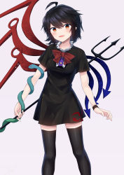 Rule 34 | 1girl, :d, ahoge, asymmetrical wings, black dress, black hair, black thighhighs, blue wings, blush, bow, bowtie, breasts, center frills, commentary, dated, dress, feet out of frame, frills, grey background, hair between eyes, highres, holding, holding weapon, houjuu nue, kisamu (ksmz), looking at viewer, open mouth, polearm, red bow, red bowtie, red eyes, red wings, short dress, short hair, short sleeves, simple background, small breasts, smile, snake, solo, standing, thighhighs, thighs, touhou, trident, weapon, wings, wristband, zettai ryouiki