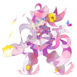 Rule 34 | 1girl, ahoge, animal ears, aqua eyes, bell, breasts, cat ears, dress, evil smile, frilled dress, frills, full body, gloves, heart, heart necklace, jewelry, jingle bell, leggings, looking at viewer, mad mew mew, medium breasts, necklace, pink dress, pink hair, pink leggings, puffy short sleeves, puffy sleeves, ribbon, saliva, same-no-kiba, sharp teeth, short sleeves, smile, solo, staff, standing, teeth, third-party source, twintails, undertale, white background, white footwear, white gloves, white ribbon