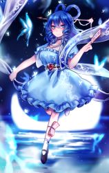 Rule 34 | 1girl, black footwear, blue dress, blue eyes, blue hair, blue vest, blush, breasts, bug, butterfly, choker, cleavage, dress, drill hair, full body, hagoromo, hair ornament, hair rings, hair stick, highres, bug, kaku seiga, large breasts, mary janes, matching hair/eyes, ofuda, open clothes, open vest, puffy short sleeves, puffy sleeves, shawl, shoes, short sleeves, smile, solo, tis (shan0x0shan), touhou, twin drills, vest, white legwear