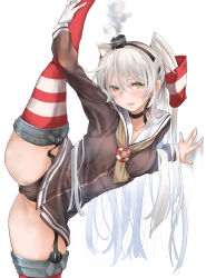 1girl amatsukaze_(kancolle) black_panties blush breasts brown_dress cameltoe dress garter_straps gloves hair_between_eyes hair_tubes highres kantai_collection leg_lift leg_up long_hair open_mouth panties red_thighhighs sailor_collar sailor_dress short_dress silver_hair simple_background single_glove small_breasts smoke solo split standing standing_on_one_leg standing_split striped_clothes striped_thighhighs thighhighs tororo_ten two_side_up underwear white_gloves yellow_eyes