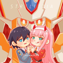 Rule 34 | 10s, 1boy, 1girl, black hair, blue eyes, blush, commentary, couple, darling in the franxx, fringe trim, green eyes, hair ornament, hairband, hetero, hiro (darling in the franxx), holding hands, horns, lipstick, long hair, long sleeves, looking at viewer, makeup, military, military uniform, necktie, oni horns, orange neckwear, pink hair, red horns, red neckwear, shiinashiroo, short hair, signature, strelizia, uniform, white hairband, zero two (darling in the franxx)