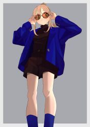 Rule 34 | 1girl, absurdres, adjusting eyewear, black shorts, blazer, blonde hair, blue jacket, blue socks, border, breasts, closed mouth, commentary, feet out of frame, green eyes, grey background, hair between eyes, hair over shoulder, high ponytail, highres, jacket, legs, long sleeves, looking to the side, medium hair, original, ozorano megane, ponytail, round eyewear, shirt, shirt tucked in, shorts, simple background, small breasts, socks, solo, standing, sunglasses, swept bangs, thighs, turtleneck, white border