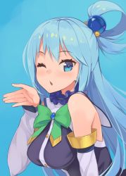 Rule 34 | 1girl, ;o, aqua (konosuba), bare shoulders, blue background, blue bow, blue bowtie, blue eyes, blue hair, blush, bow, bowtie, breasts, brooch, choker, commentary request, detached sleeves, frilled choker, frills, gem, green bow, green bowtie, hair bobbles, hair ornament, hair rings, highres, jewelry, kono subarashii sekai ni shukufuku wo!, large breasts, long hair, long sleeves, looking at viewer, medium breasts, one eye closed, open mouth, palms, simple background, solo, tam-u, tsurime, upper body, very long hair
