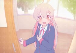 Rule 34 | 1girl, :d, absurdres, ahoge, black jacket, braid, brown eyes, colored inner hair, commentary, day, doorway, grey hair, hair between eyes, hair ornament, hairclip, hand on own chest, highres, indoors, jacket, light blush, long hair, long sleeves, looking at viewer, multicolored hair, neck ribbon, onii-chan wa oshimai!, open mouth, oyama mahiro, pink hair, rakugakijunkie, red ribbon, ribbon, school uniform, shirt, sliding doors, smile, solo, twin braids, two-tone hair, upper body, white shirt, window, wing collar