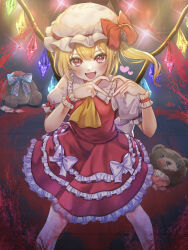 Rule 34 | 1girl, absurdres, ascot, blonde hair, blood, blue bow, blue bowtie, blush, bow, bowtie, commentary request, crystal, fangs, flandre scarlet, hat, hat bow, headless, headless doll, heart, heart hands, highres, looking at viewer, mob cap, multicolored wings, one side up, open mouth, pointy ears, puffy short sleeves, puffy sleeves, red bow, red eyes, red skirt, red vest, remitei03, short sleeves, side ponytail, skirt, skirt set, smile, solo, stuffed animal, stuffed toy, teddy bear, touhou, vest, white hat, wings, wrist cuffs, yellow ascot