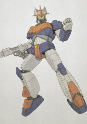 Rule 34 | clenched hand, facing viewer, full body, govarian, gun, holding, holding gun, holding weapon, mecha, nagai gou (style), no humans, psycho armor govarian, robot, satsuki jin, simple background, standing, weapon, yellow eyes