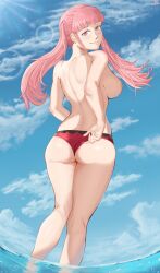 Rule 34 | 1girl, ass, bikini, bikini bottom only, breasts, female focus, highres, hilda valentine goneril, large breasts, looking at viewer, looking back, magdalenus27, matching hair/eyes, nipples, pink eyes, pink hair, smile, solo, standing, topless, twintails, water